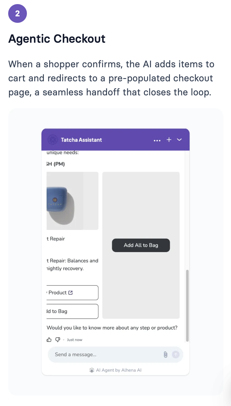 TATCHA agentic checkout assistant adding items to cart