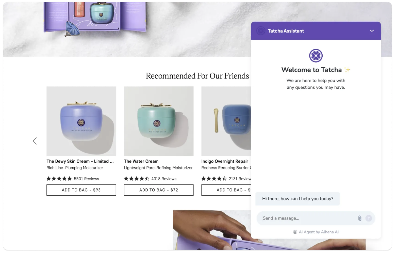 TATCHA Shopping AI assistant displayed beside product recommendations